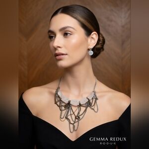 Silver Multi-Chain Necklace with Clear Stone Accents